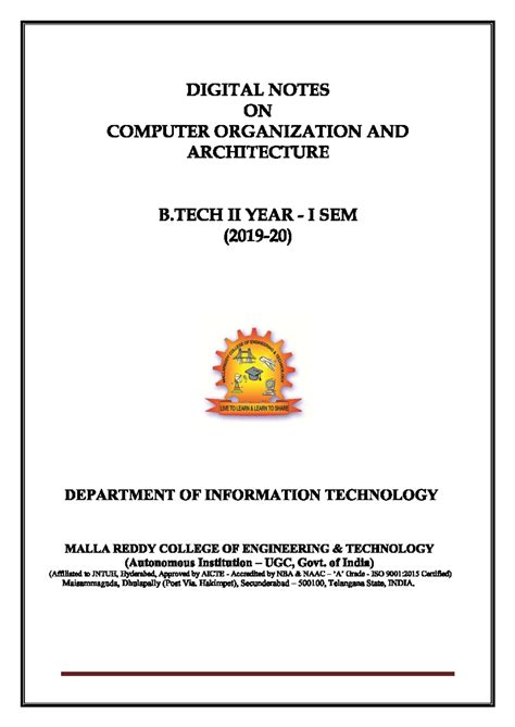 DIGITAL NOTES ON COMPUTER ORGANIZATION AND ARCHITECTURE (R18A1201 ...