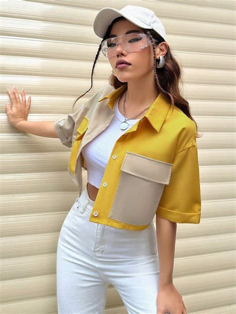 Flirla Color Block Turn Down Collar Drop Shoulder Shirt With Flap ...