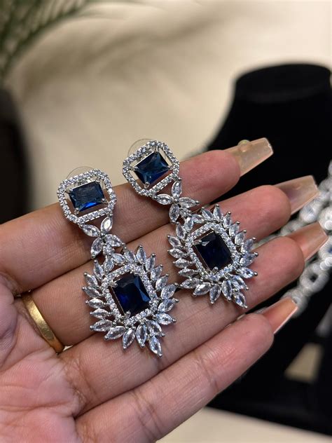 Triple Layer Rani AD Necklace + Earrings (Deep Blue) (FLAT 50% OFF RIG ...