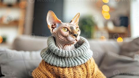 Sphynx cat wearing a cozy sweater, sitting comfortably on a couch with ...
