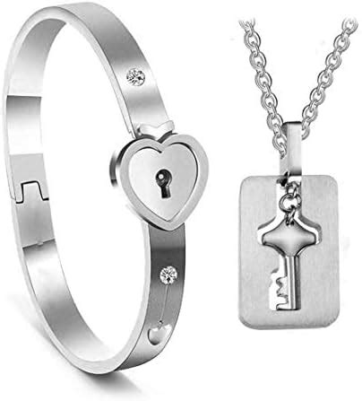 MEENAZ Heart Lock and Key Bracelets Silver Stainless Steel Couple ...
