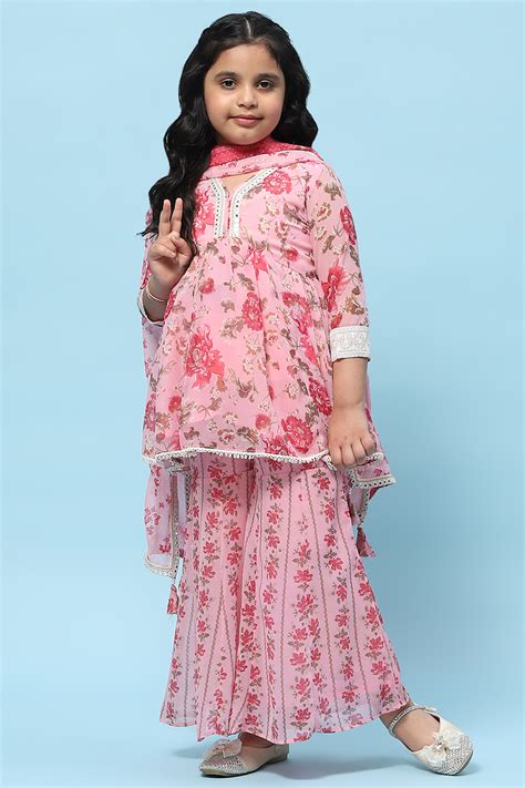 Pink Poly Georgette Floral Printed Peplum Suit Set at Biba India