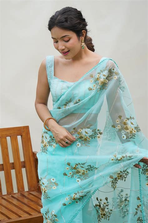 Buy Sky Blue Organza Saree With Blouse Piece online-Karagiri