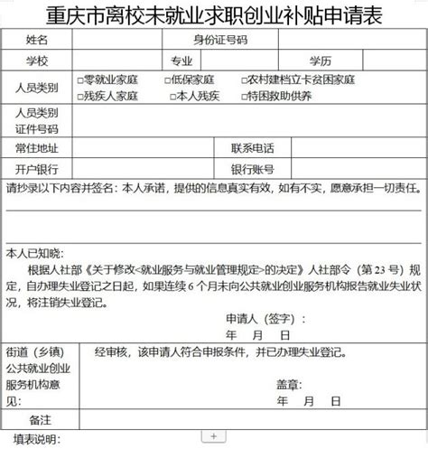 重庆离校未就业求职创业补贴申请表- 重庆本地宝