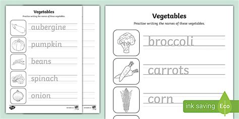 Vegetable Names Pencil Control Activity Sheets