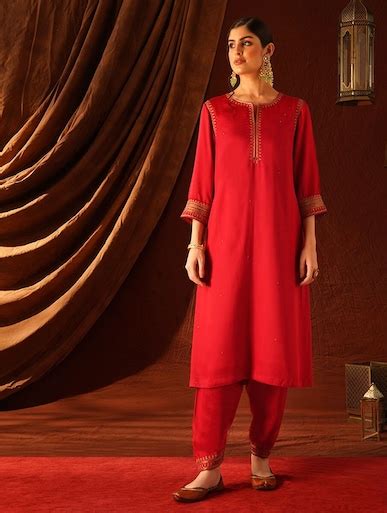 Shop Jaypore Women Red Modal Embroidered Kurta for Women Online 39612419
