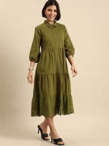 ANOUK Women Ethnic Dress Dark Green Midi/Calf Length Dress - Buy ANOUK ...