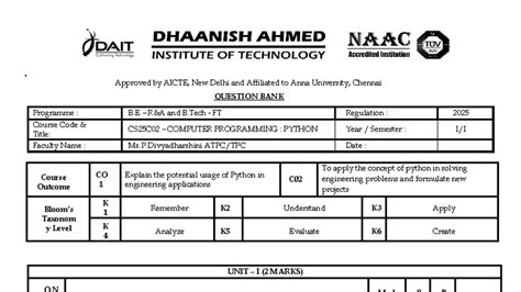 CS25C02 COMPUTER PROGRAMMING: PYTHON - Question Bank - Studocu