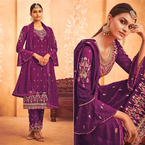 Wine Embroidered With Embellished Georgette Palazzo Suit