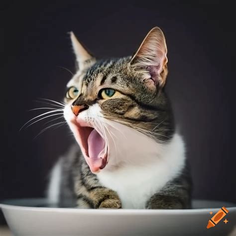 Tabby cat meowing beside empty bowl on Craiyon