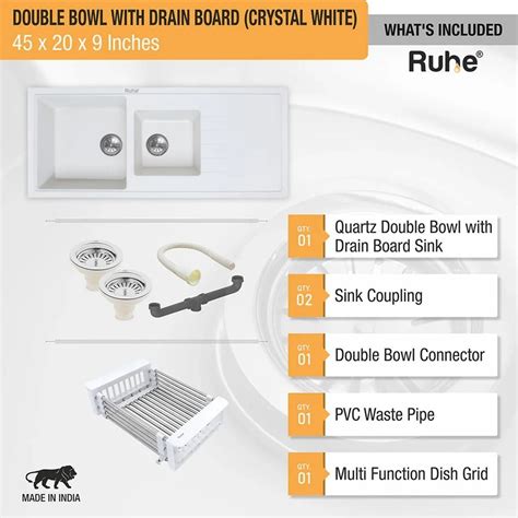 Ruhe Quartz Double Bowl with Drainboard Kitchen Sink (45 x 20 x 9 ...
