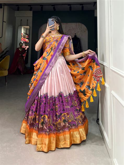 Purple Dola Silk Lehenga Choli with Kalamkari Print & We