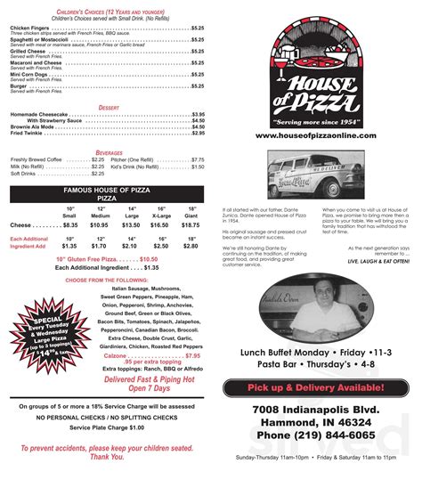 House of Pizza menu in Hammond, Indiana, USA