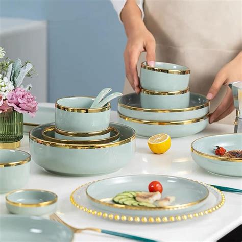Pistachio Green Gold Rim 26-Piece Dinnerware Set with Gift Box ...