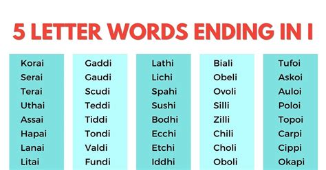 424 Examples of 5 Letter Words Ending in I in English • 7ESL