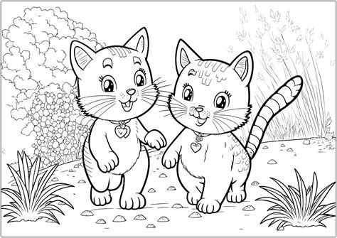 Two kittens outside - Cats Kids Coloring Pages