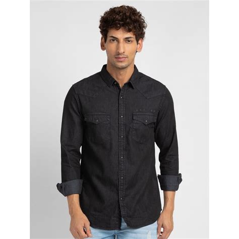 Buy Spykar Men Washed Black Cotton Slim Fit Denim Shirt Online