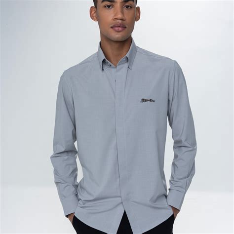 Light grey concealed button shirt with Jaguar brooch – Amit Arora