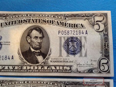 2 - 1934c $5 Silver Certificate - Two Consecutive Serial Numbers ...