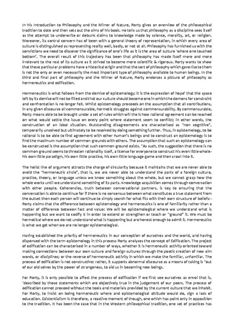 Rorty - Philosophy and the Mirrors of Nature - In his Introduction to ...