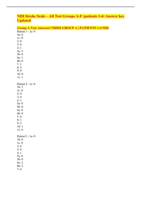 NIH Stroke Scale – All Test Groups A-F (patients 1-6) Answer key ...