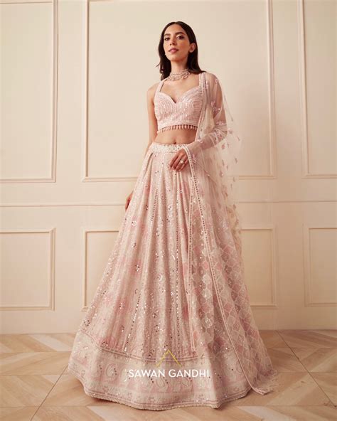 Ivory Chikankari lehgna with pink thread work – Sawan Gandhi Online Store