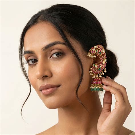 Jadau kundan peacock full earcuff jhumkas with pearl and natural straw ...
