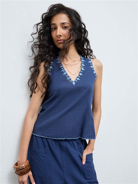 Buy Bombay Paisley Blue Embroidered Cotton-Blend Top from Westside