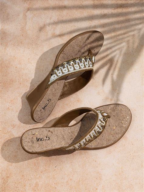 Buy Now Womens Golden Ethnic Embellished Round Toe Wedges Heel Slip-On