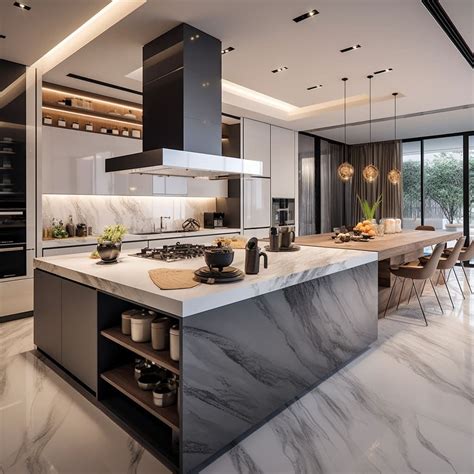 This modern kitchen’s island, topped with white marble, adds elegance ...