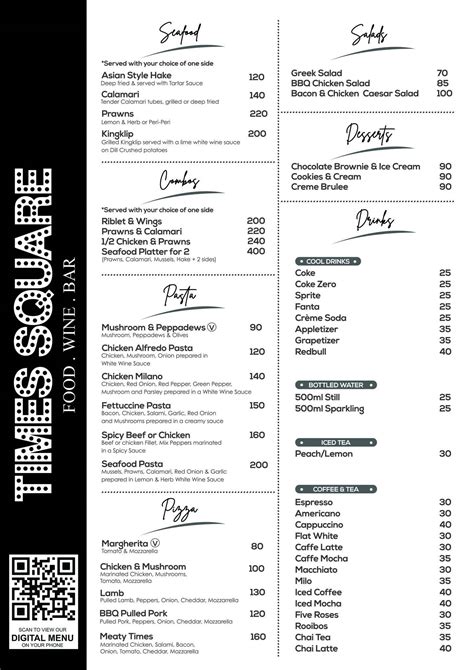 Menu at Times Square Durban restaurant, Durban