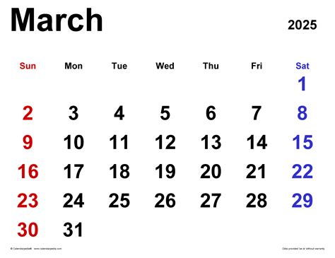 March 2025 Calendar | Templates for PDF, Excel and Word