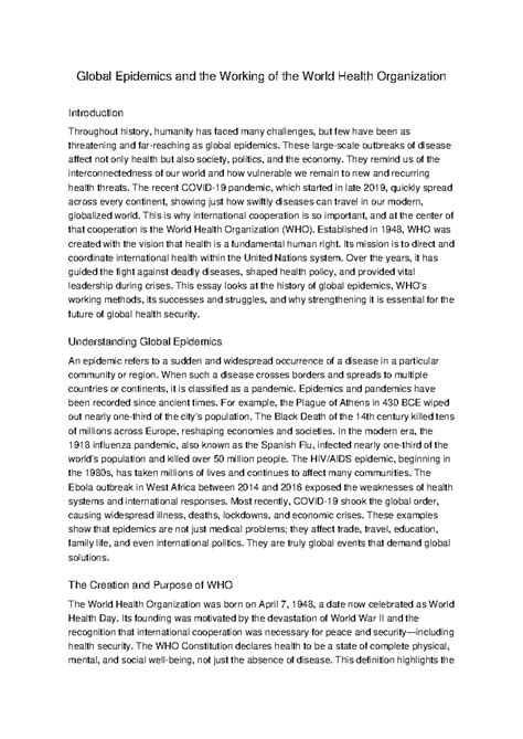 Global Epidemics and WHO: An In-Depth Analysis Assignment - Studocu