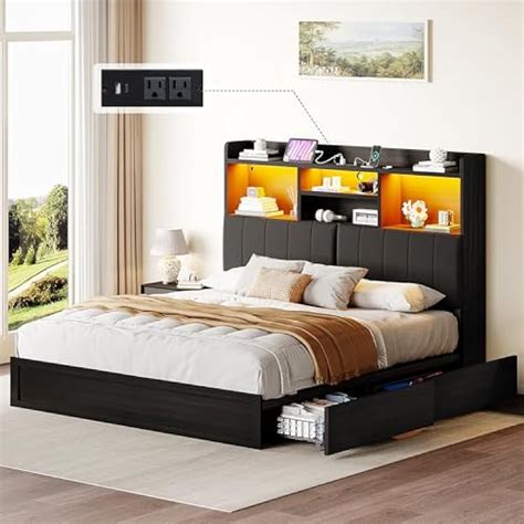 YUMPIE King Bed Frame with Bookcase Headboard, Farmhouse India | Ubuy