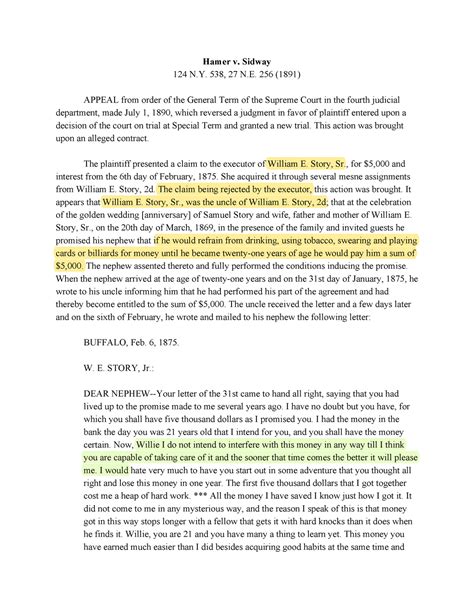 Hamer v. Sidway 3 - case for contract law - Hamer v. Sidway 124 N. 538 ...