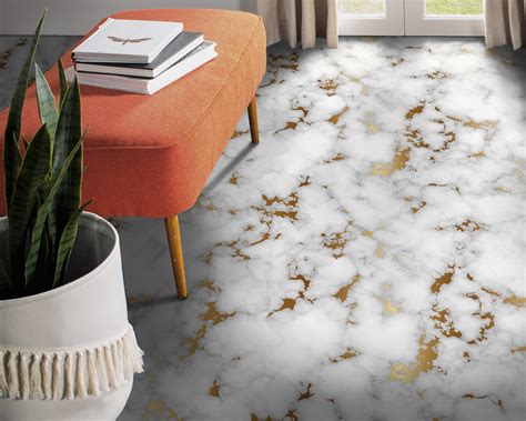 Artdeco Marble Gold Imitation Vinyl Flooring, White Retro Floor Cover ...