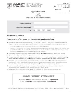 Fillable Online Application Form LLB Diploma in the Common Law Fax ...