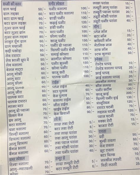 Menu at Anand Shekhawati Dhaba, Kota
