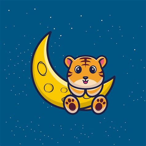 Leuke tijger met sikkelmaan cartoon vectorillustratie | Premium Vector