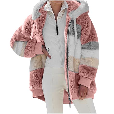 HTNBO Women Plus Size Winter Warm Loose Plush Zip Hooded Jacket Coat ...