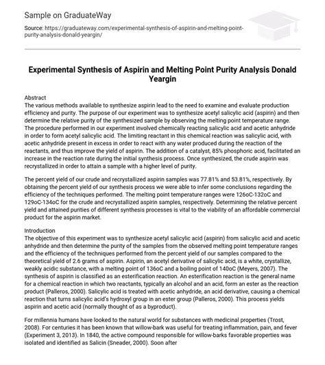 ⇉Experimental Synthesis of Aspirin and Melting Point Purity Analysis ...
