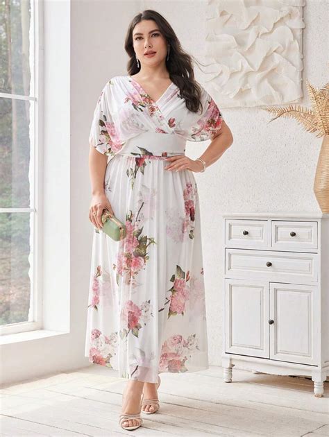 Modelyn Plus Size Women's Floral Printed V-Neck Dress Long Evening ...