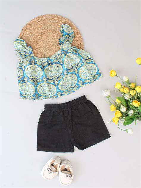 Sleeveless Motif Printed Crop Top Cotton Co ord Set - Sky Blue