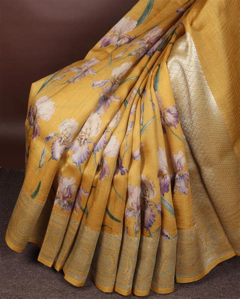 Buy Yellow Printed Banaras Tussar Kathan Silk Saree T387689