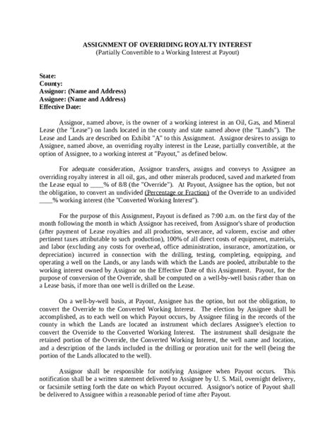 Assignment of Overriding Royalty Interest - Blank Fillable Template ...