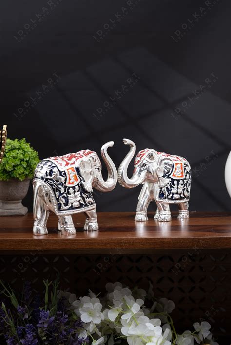Pure Silver Elephant Idols with Trunk Up for Vastu | Elephant Showpiece ...