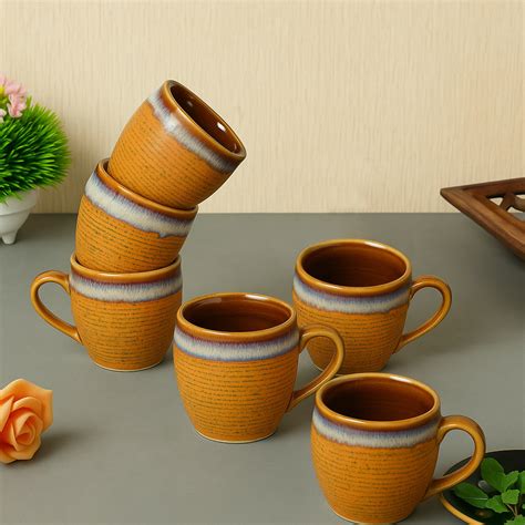 Studio Pottery Ceramic Coffee Mugs (200 ml, Set of 6, Earthy Brown, Sky ...