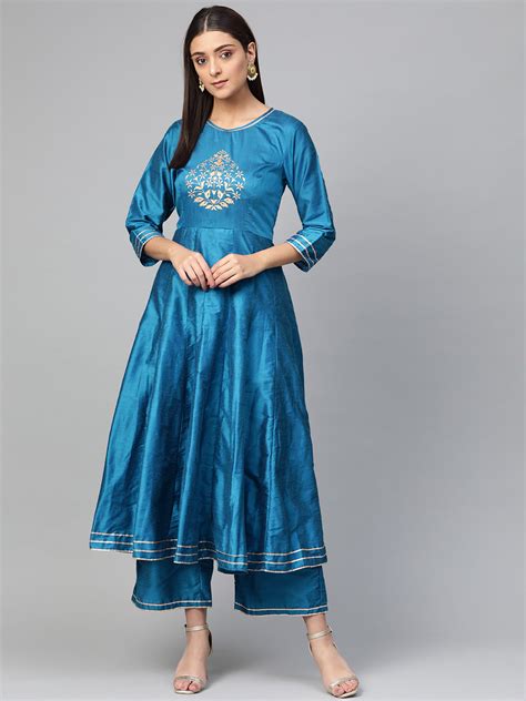 Shop Bhama Couture Women Blue Yoke Design Silk Kurta with Palazzos Online