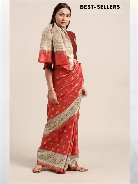 Madhubani Print Silk Saree - Red & Cream – Charkha Tales