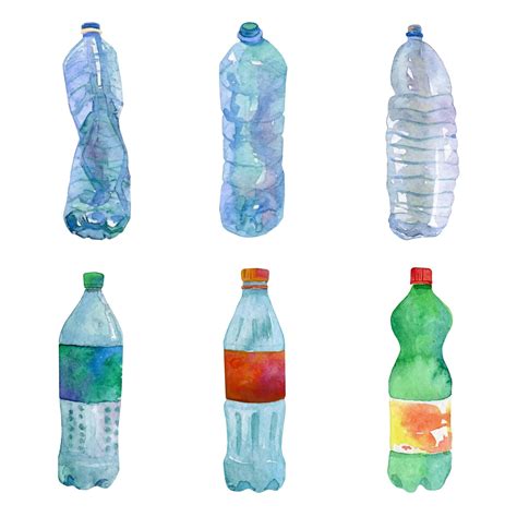 Plastikflaschen-Abfallset Aquarell-Vektor-Cliparts isoliert auf weißem ...